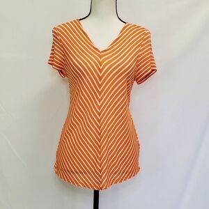 Jones New York Orange & White Striped V-Neck Short Sleeve Top